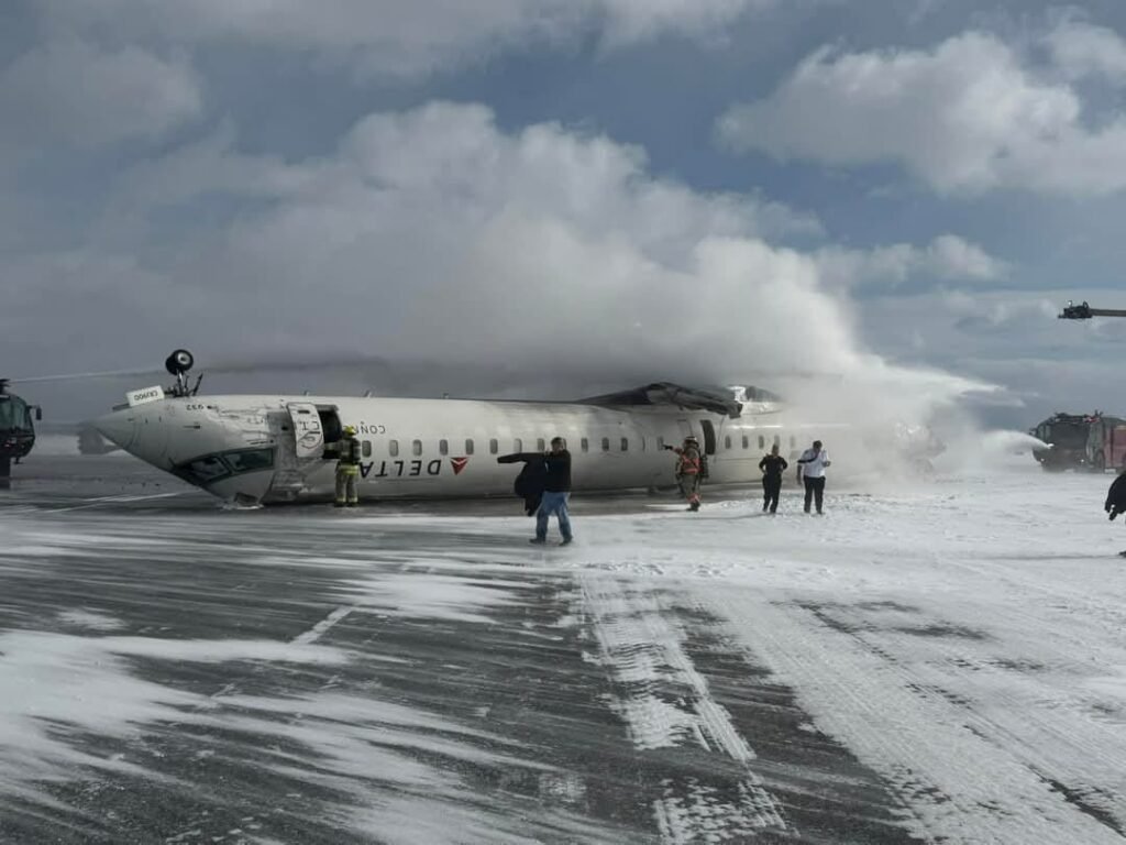 Delta Air Lines Flight 4819, operated by Endeavor Air, crash-landed at Toronto Pearson International Airport on Monday after a hard landing caused the Bombardier CRJ-900 to flip upside down during its approach. The flight, which departed from Minneapolis–Saint Paul International Airport, was carrying 80 people onboard, including 76 passengers and 4 crew members | Aviation Today