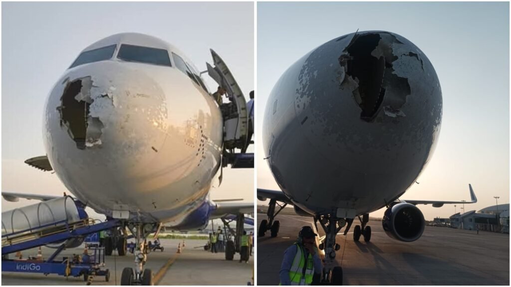 An IndiGo Airbus A321neo operating as Flight 6E2142 from Delhi to Srinagar encountered a severe hailstorm during descent, resulting in significant damage to its nose cone and onboard weather radar. The aircraft, carrying 227 passengers and crew, landed safely despite the damage. No injuries were reported. The Directorate General of Civil Aviation (DGCA) has initiated an inquiry into the incident. The flight crew followed standard protocols, and maintenance teams are now assessing the full extent of structural impact.