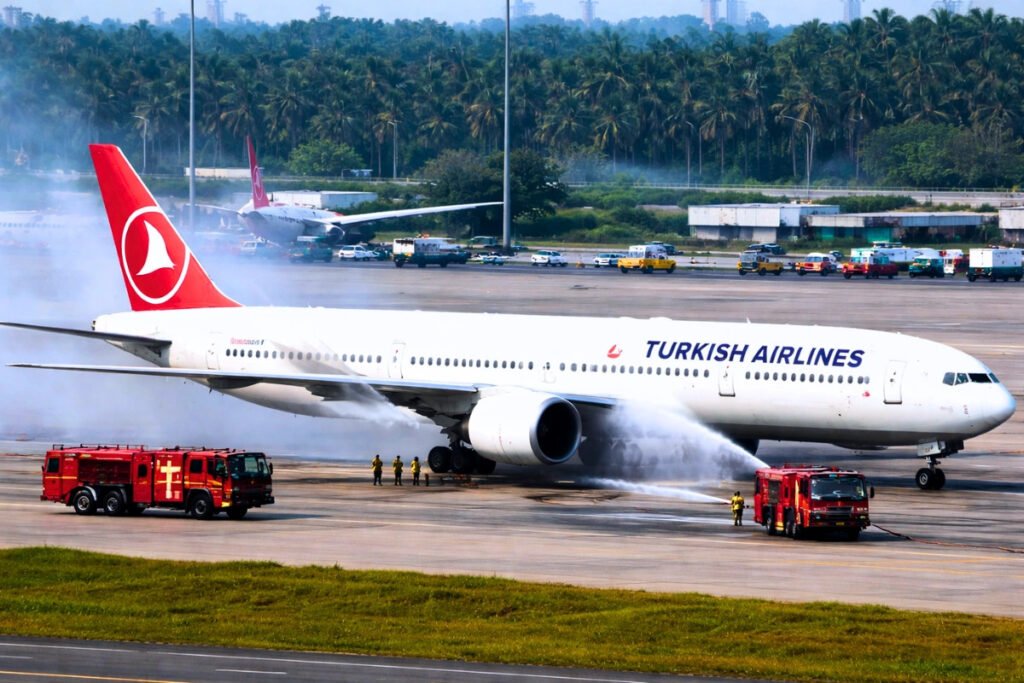Kolkata, India: A Turkish Airlines Airbus A330 on a scheduled service from Kathmandu, Nepal, to Istanbul, Turkey made a full emergency landing at Netaji Subhash Chandra Bose International Airport, Kolkata, on Wednesday afternoon after the crew reported a fire in the aircraft’s right engine shortly after take-off. The flight, operating as THY-727, departed Tribhuvan International Airport at approximately 1:28 PM local time with 236 people on board 225 passengers and 11 crew members. Within four minutes of take-off, the pilots received a warning of a possible fire in the right engine and immediately shut down the affected unit. Following standard emergency procedures, the captain declared a PAN PAN distress call, an international aviation signal indicating an urgent situation and elected to divert the long-haul flight to Kolkata rather than continue towards its planned destination. Air traffic control at Kolkata was informed of the situation, and a full emergency response was activated, deploying firefighting and rescue units ahead of the aircraft’s arrival. The Airbus A330, capable of flying on a single engine, landed safely at around 2:49 PM IST without incident. Officials from both Nepal and Indian aviation authorities confirmed that no injuries were reported among passengers or crew. Tribhuvan International Airport briefly suspended operations for about 15 minutes following the alarm. After landing, the aircraft was parked at Kolkata Airport and underwent detailed technical inspection to determine the exact cause and extent of the engine malfunction. Passengers were reportedly accommodated in local hotels while arrangements were made for onward travel, including plans for a replacement aircraft earlyThursday morning.