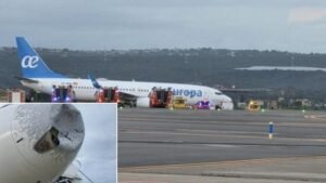 Palma de Mallorca, Spain: An Air Europa Boeing 737-800 suffered a landing incident at Palma de Mallorca Airport after an earlier bird strike reportedly damaged the aircraft’s nose landing gear steering system, leading to initial findings that claimed the jet had “lost a wheel” during landing. The incident occurred on May 8 during Air Europa flight UX6079 from Madrid to Palma de Mallorca. The aircraft involved has been identified as a Boeing 737-800 registered EC-MPG. The aircraft sustained a bird strike while on approach to Runway 06L at Palma Airport. The strike reportedly damaged the nose gear steering mechanism before touchdown. The touchdown itself initially appeared normal. However, during the rollout phase, the aircraft gradually veered to the right before exiting the runway area at low speed and coming to a stop near a high-speed turnoff. Early local media reports stated that one of the landing gear wheels detached during landing, with photographs showing the aircraft leaning to one side on the runway surrounded by emergency vehicles. The visible wheel and tyre damage was likely a consequence of the earlier bird-strike-related steering failure rather than an independent mechanical wheel failure. However, authorities have not yet released an official technical conclusion, and the exact sequence of damage remains under investigation. Emergency services responded immediately after the aircraft came to a stop. Passengers were temporarily unable to disembark normally while firefighters and ground personnel secured the aircraft. No injuries were reported among passengers or crew. Several prominent figures from Mallorca’s tourism industry were reportedly onboard the flight after attending an event in Madrid, according to local Spanish media. The aircraft remained grounded for several hours while maintenance inspections were carried out. The aircraft subsequently returned to service after repairs and inspections were completed.