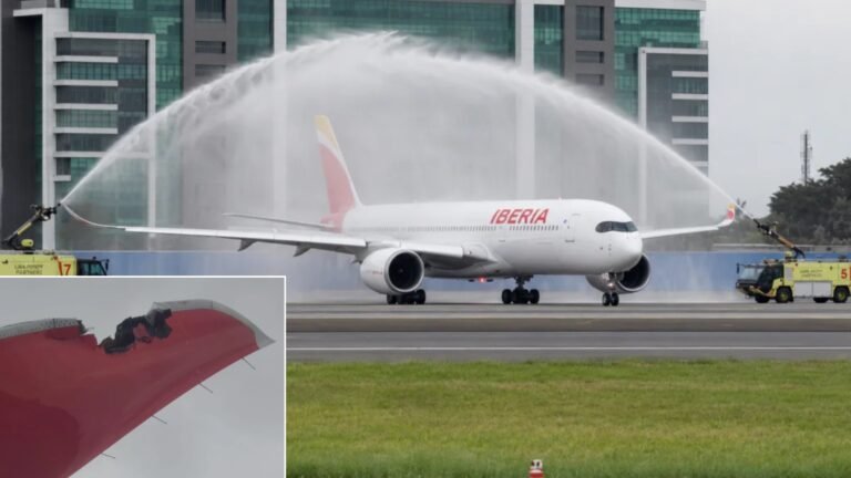 Guayaquil, Ecuador: An Iberia Airbus A350-900 sustained wing damage during a ceremonial water salute at José Joaquín de Olmedo International Airport in Guayaquil on June 4, forcing the cancellation of a scheduled flight to Madrid. The aircraft, registered EC-NXD, was preparing to operate the Guayaquil-Madrid service when the incident occurred during a traditional water-cannon salute conducted by airport firefighting vehicles. According to footage and reports from local media, the aircraft's wingtip area came into contact with equipment associated with the ceremony, resulting in visible damage to the winglet. Aviation incident records and eyewitness videos indicate the collision occurred while the aircraft was taxiing beneath the water arch created for the event. Following the incident, airport personnel and airline representatives inspected the aircraft. Iberia subsequently cancelled the planned departure to Madrid to allow for technical evaluation and repairs. No injuries were reported among passengers, crew members, airport firefighters, or ground personnel. To ensure passengers reach their destinations, a phased rebooking is being coordinated with the support of other airlines. The aircraft involved was an Airbus A350-900, one of Iberia's long-haul flagship aircraft used on intercontinental services between Spain and Latin America. As of publication, Iberia had not released a detailed public statement explaining the circumstances of the collision or the extent of the damage. Airport and airline officials continue to assess the aircraft before it returns to service. The incident remains under review, and further information is expected once inspections are completed.
