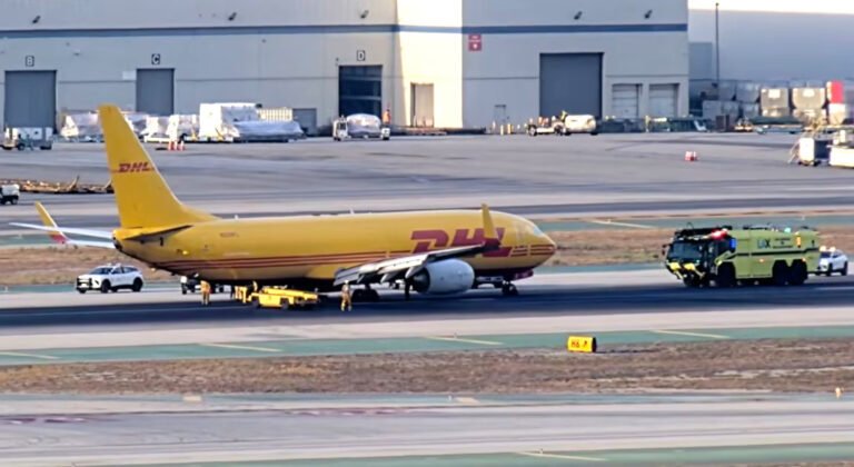 Los Angeles, United States: A DHL Boeing 737-800 freighter suffered a brake-system malfunction during landing at Los Angeles International Airport (LAX) on August 26, 2026, causing four tires to blow and a fire to erupt around its main landing gear. The two crew members aboard the aircraft were not injured. The aircraft, a Boeing 737-800BDSF registered as N326FL, was operated by Kalitta Charters II on behalf of DHL as Flight K5-1814 from Phoenix Sky Harbor International Airport to Los Angeles. The freighter landed on Runway 25L at approximately 11:10 p.m. local time. Video footage shows the aircraft touching down before white smoke began emerging from the main landing-gear area. Within seconds, several loud pops and flashes were visible, followed by flames and sparks beneath the aircraft as it continued its landing roll. The aircraft subsequently slowed and stopped on the runway while fire crews moved toward it. Footage showed flames concentrated around the landing-gear and tire area as emergency responders began extinguishing the fire. During the incident, the flight crew communicated with air traffic control about the braking problem. In the recorded radio exchange, one of the pilots said, “I don’t know if we blew a tire, but it feels like the brakes locked up.” The crew also advised the tower that the anti-skid system was inoperative and that the brakes may have locked up, with the crew concerned that some of the tires could have been damaged. The Federal Aviation Administration said preliminary information indicated that the aircraft’s brakes malfunctioned during landing and that four tires were blown. The agency has launched an investigation into the incident, meaning the precise mechanical cause has not yet been established. The Los Angeles Fire Department responded after receiving a report of an aircraft fire at approximately 11:06 p.m. The department deployed 13 units to the scene. Firefighters initially received information indicating an engine fire, but after reaching the aircraft, they determined that the problem involved the landing gear and brakes. The LAFD said the left main landing gear caught fire and that the flames spread to the tires on that side. Firefighters used water to extinguish the fire, and the aircraft's two occupants were able to leave the aircraft without assistance. No injuries were reported. The final LAFD unit left the scene at approximately 12:44 a.m. “The cause of the mechanical failure remains under investigation by the appropriate federal and company authorities,” the Los Angeles Fire Department said. DHL described the event as an “apparent brake system issue” that resulted in a brake overheat. The company confirmed that everyone aboard was safe and said the aircraft operator was working to move the disabled freighter so that it could undergo further inspection and assessment. “There were no injuries, and all crew members are safe,” DHL said. The incident temporarily closed Runway 25L as emergency personnel and maintenance crews dealt with the disabled aircraft. Air traffic control also kept other aircraft clear of the runway while the emergency response was underway. The aircraft remained on the ground at LAX into the following morning while arrangements were made to move it from the runway and assess the damage. N326FL is a Boeing 737-800 that was manufactured in 2001 and later converted from passenger service to the BDSF freighter configuration. The conversion was completed in December 2022. The aircraft was operating in DHL livery under Kalitta Charters II, a U.S. cargo carrier. The available evidence establishes the sequence of events as a normal landing followed by a suspected brake lockup or malfunction, tire failures, a fire involving the main landing gear, the aircraft coming to a stop on Runway 25L, and the subsequent response by LAX emergency crews. However, investigators have not yet identified the specific component or technical failure responsible for the brake malfunction.